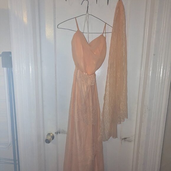 Peach Lace Halter Chiffon Dress Gown Size 12 with Shawl - Picture 1 of 6